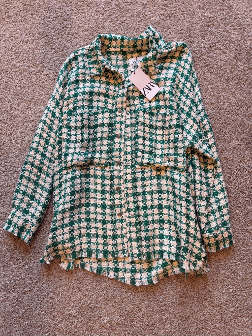 ZARA Green and Cream Houndstooth Button-Down Kids Shirt